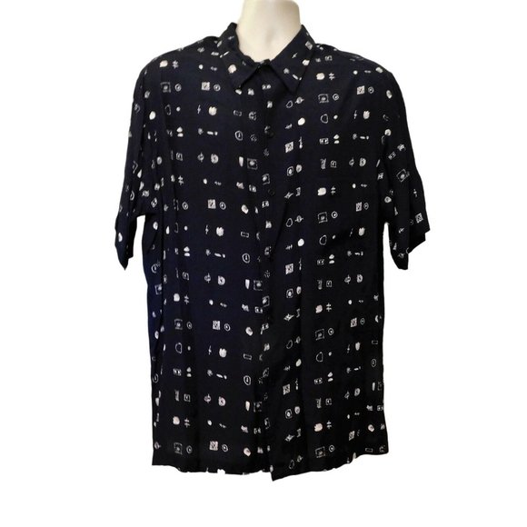 MTO Hawaiian Shirt XL Navy Blue White Print Tropical Short Sleeve - Picture 5 of 6